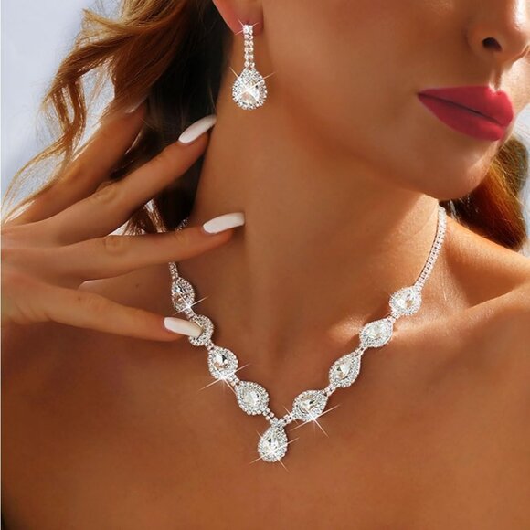 Crystal Bridal Jewelry Set for Women Silver Rhinestone Necklace Earrings Prom - Picture 3 of 7